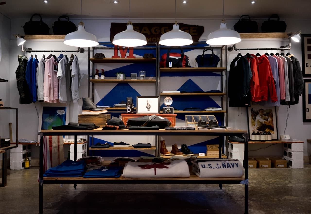 Inside a retail store with lit product and apparel displays